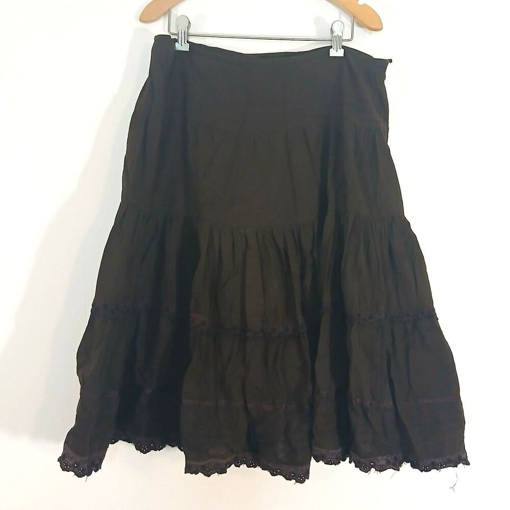 Vintage Y2K Motivi Brown Cotton Tiered Maxi Skirt Lace Trim Cottagecore Fairy SP